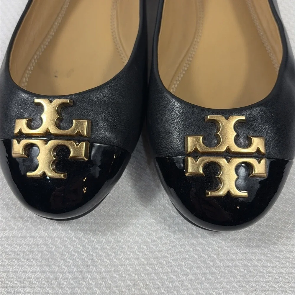 Tory Burch Laura‎ Ballet Gold Double T Logo.Size 6.5 Black Shoes